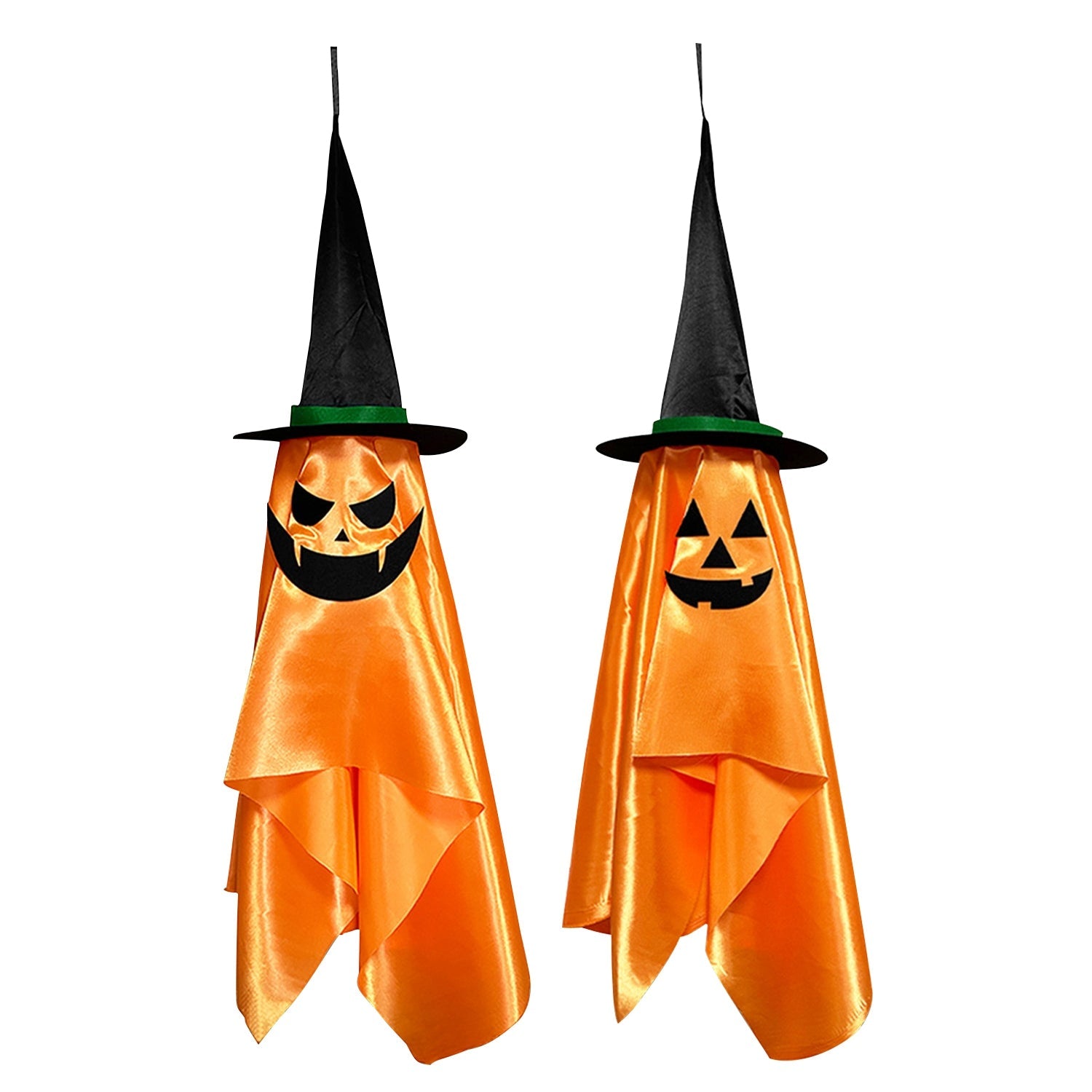 Paquete de 2 fantasmas colgantes con sombrero de mago, cara aterradora y sonriente, decoraciones colgantes para fiesta de Halloween, sombrero de mago de calabaza para alero, árbol, porche