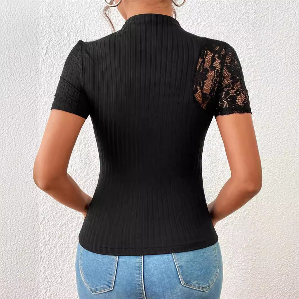 Slim Fit Lace Patchwork Short Sleeve Top – Black & White | S–XL