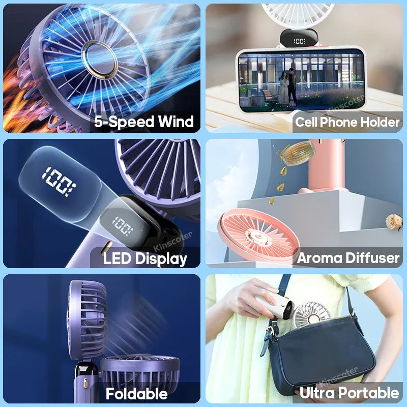 3-in-1 Mini Fan — LED Display, 5 Speeds, Neck/Desk/Handheld