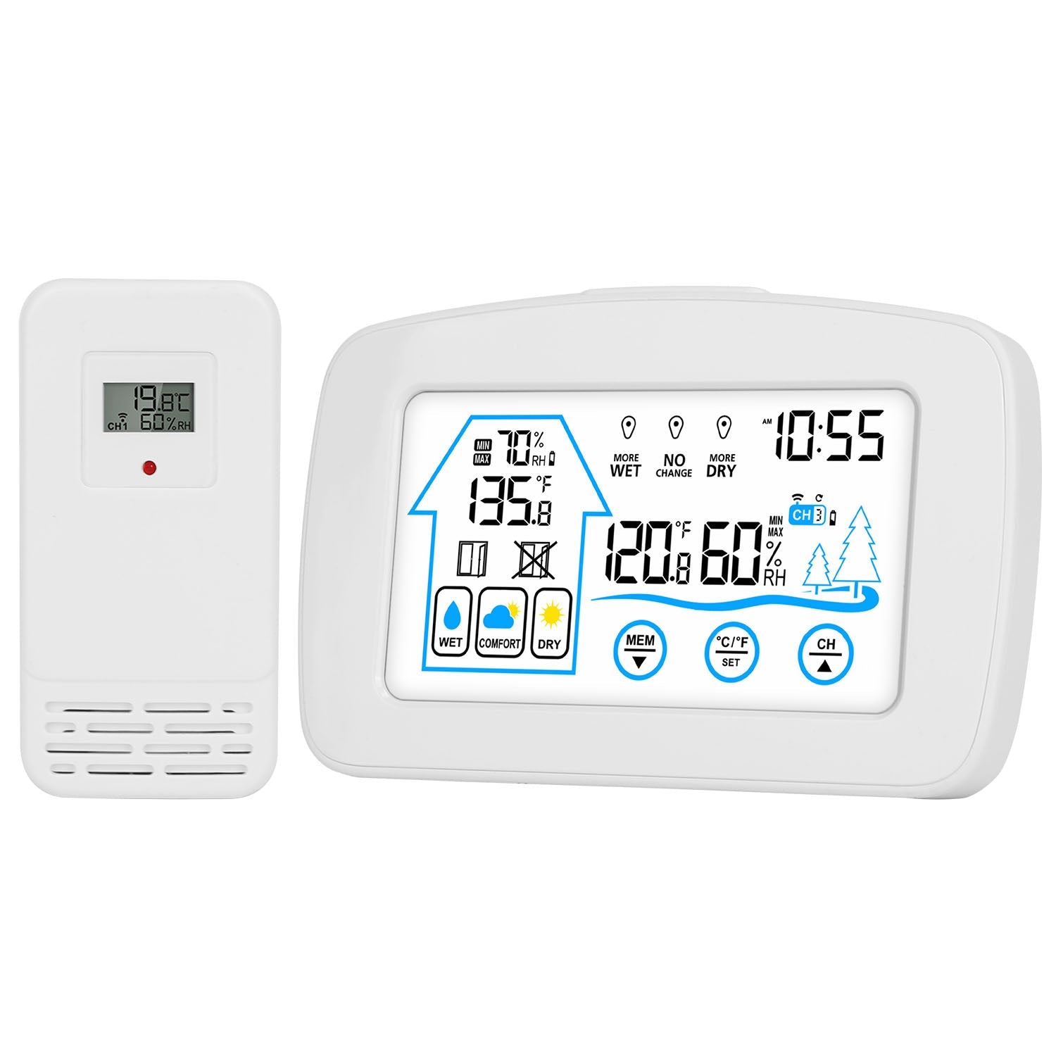 Estación meteorológica inalámbrica con reloj, rango de 60 m, termómetro de sensor para interior y exterior, monitor de temperatura y humedad, pronóstico de humedad, funciona con pilas