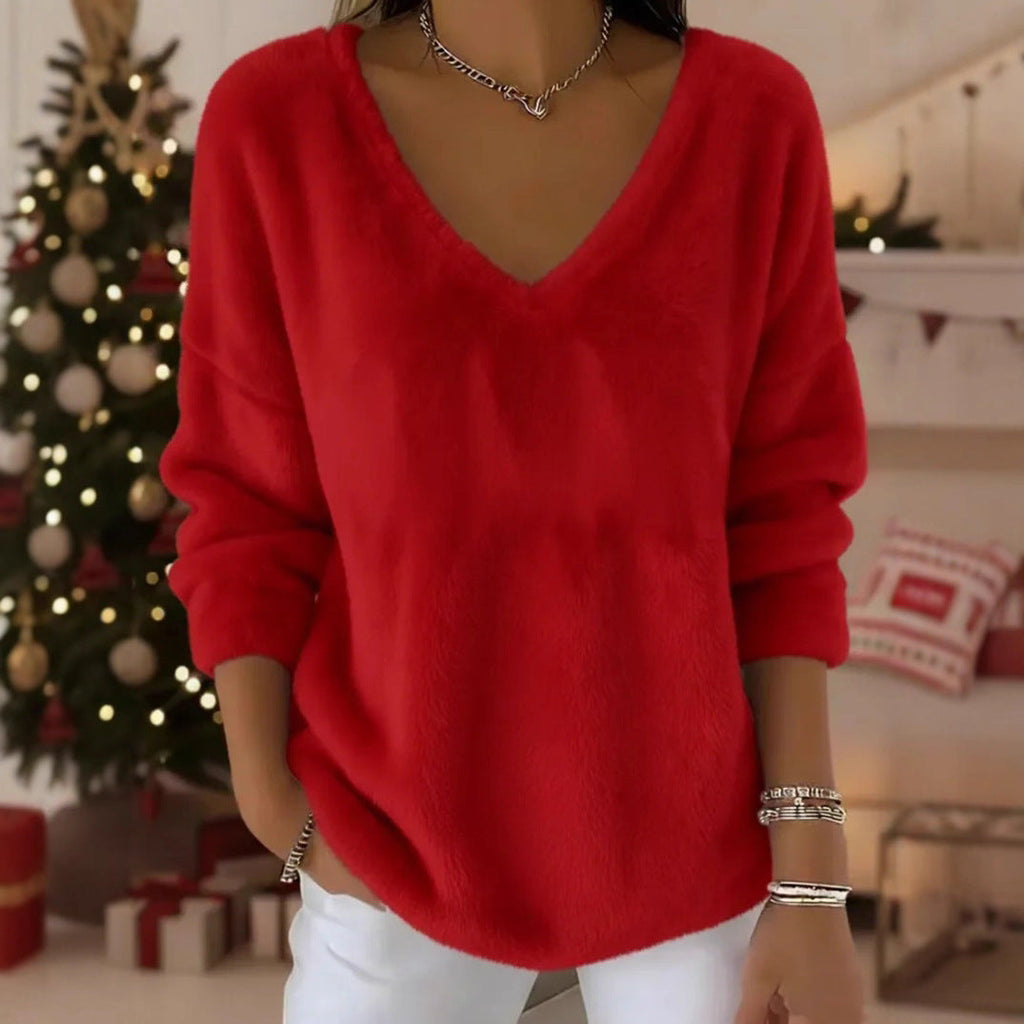 Women’s Plush V Neck Drop Shoulder Pullover Sweater