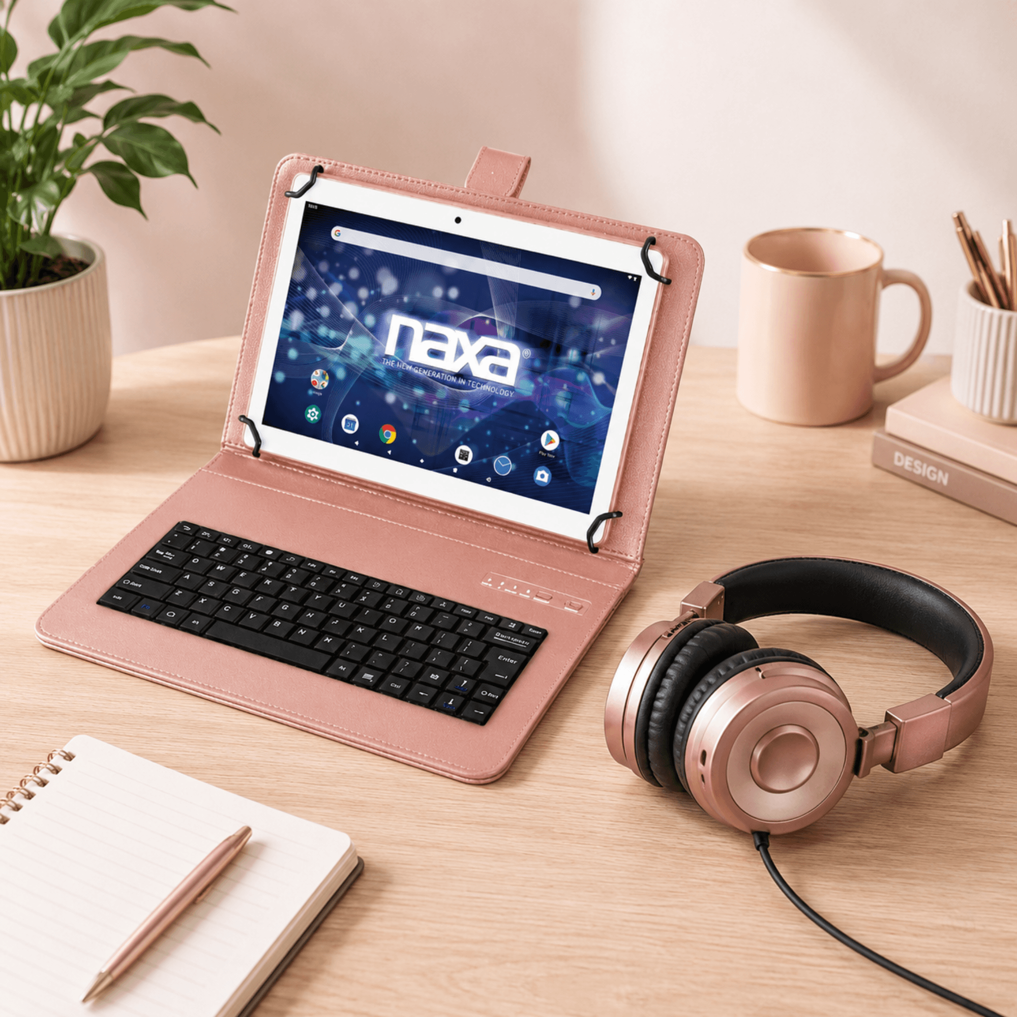 Tablet Naxa de 10.1" con teclado BT, estuche y audífonos, oro rosa - Reacondicionado