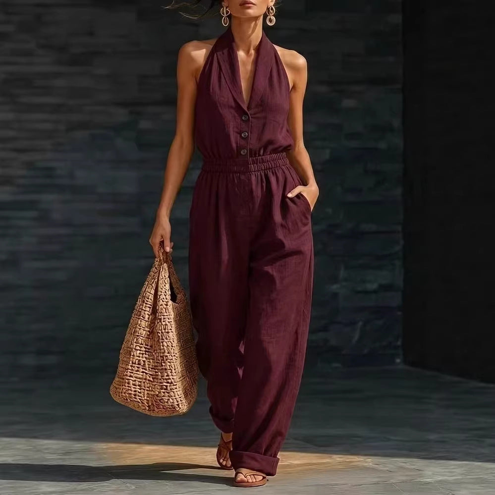 Women's Knitted V-Neck Slim-Fit Cropped Jumpsuit