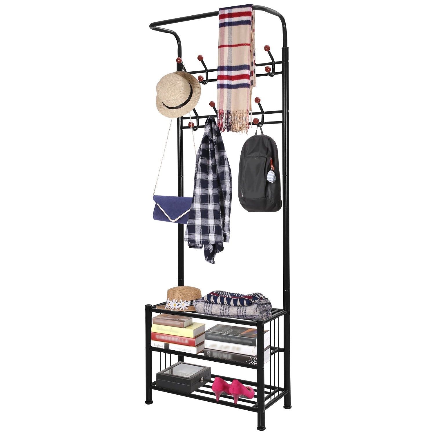Mueble Recibidor de Metal Perchero Banco Zapatero con Almacenamiento de Zapatos de 3 Niveles y 18 Ganchos para Abrigos y Sombreros