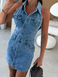 Button Front Sleeveless Denim Mini Dress