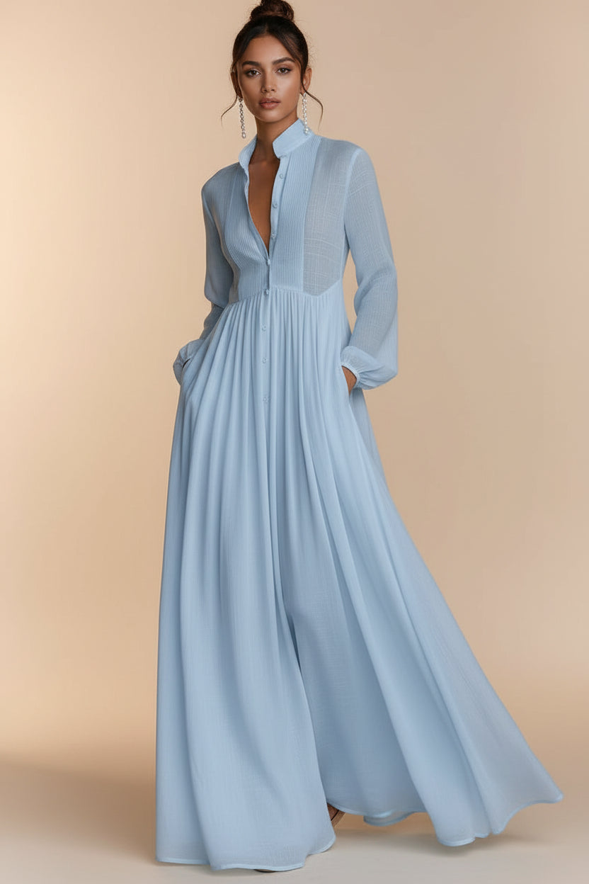 Women's French Style Long Sleeve Pleated A-Line Maxi Dress