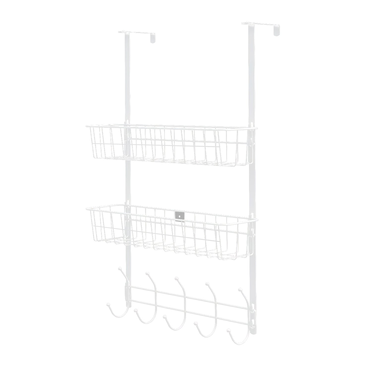 Organizador de ganchos para puerta, toallero de puerta con 5 ganchos y 2 cestas metálicas para estante de almacenamiento de baño, dormitorio, cocina