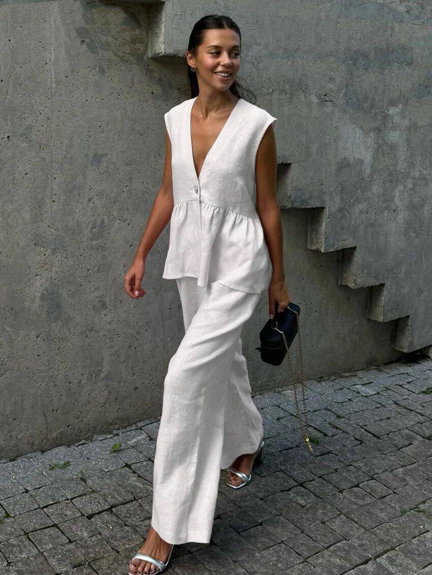 Women’s Cotton V-Neck Sleeveless Vest and Wide-Leg Pants Set