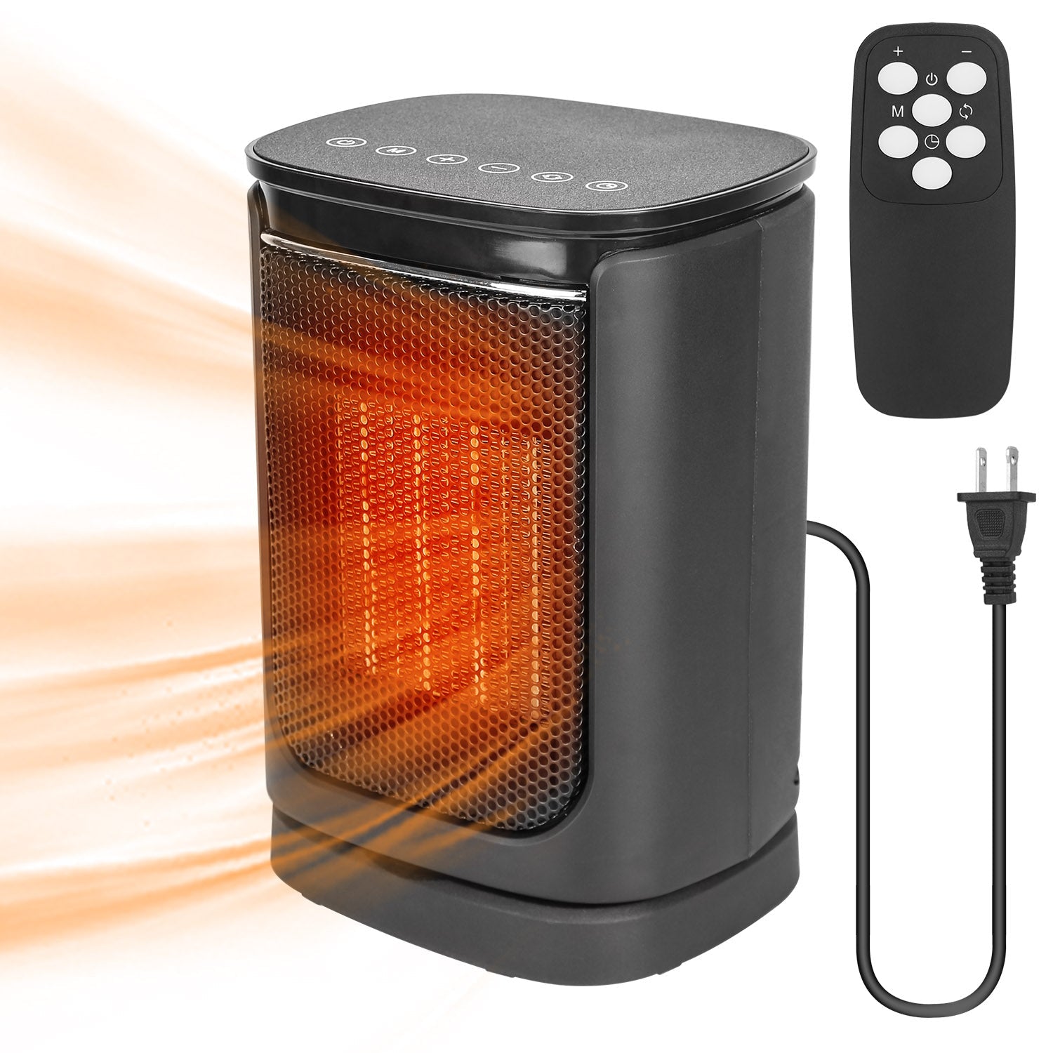 Calefactor eléctrico de cerámica de 1500W, con ventilador y oscilación de 90º, 3 modos, control remoto, pantalla digital y protección antivuelco y contra sobrecalentamiento.