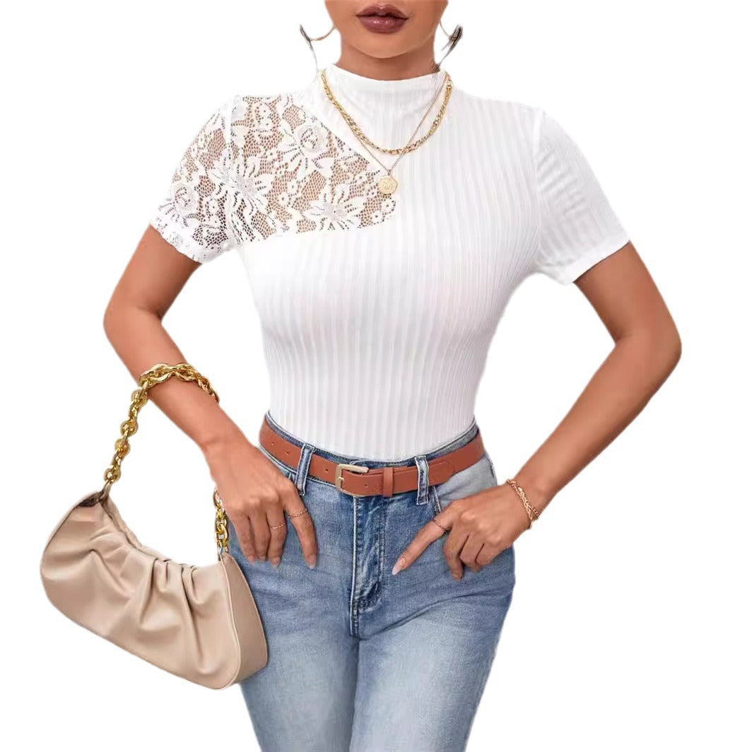 Slim Fit Lace Patchwork Short Sleeve Top – Black & White | S–XL