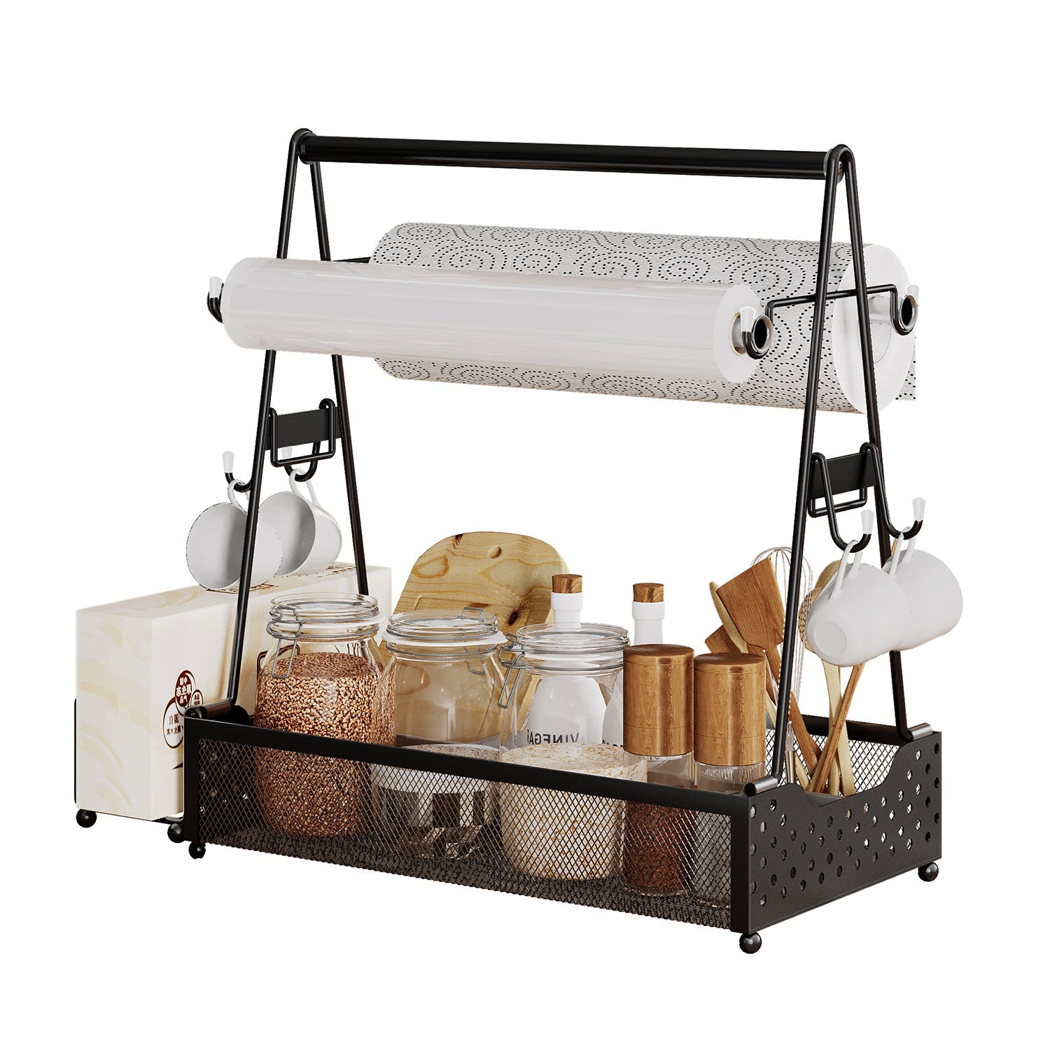 Cesto metálico para utensilios de parrilla con soporte para toallas de papel Organizador de almacenamiento para herramientas de barbacoa de picnic al aire libre, camping y parrilla