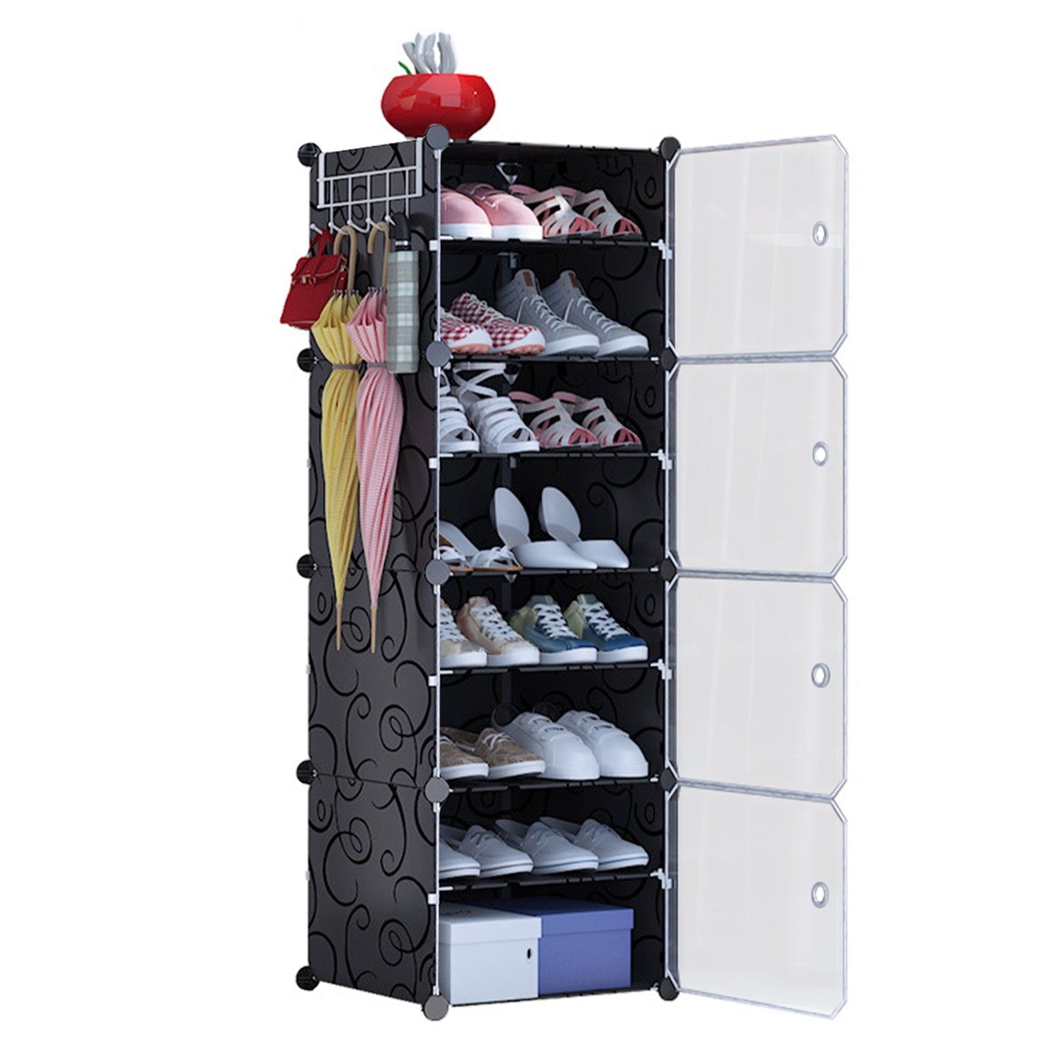 Zapatera organizadora de 8 niveles, estante de almacenamiento de zapatos apilable e independiente, torre de gabinete de zapatos de plástico con puertas transparentes para tacones, botas, pantuflas, entrada