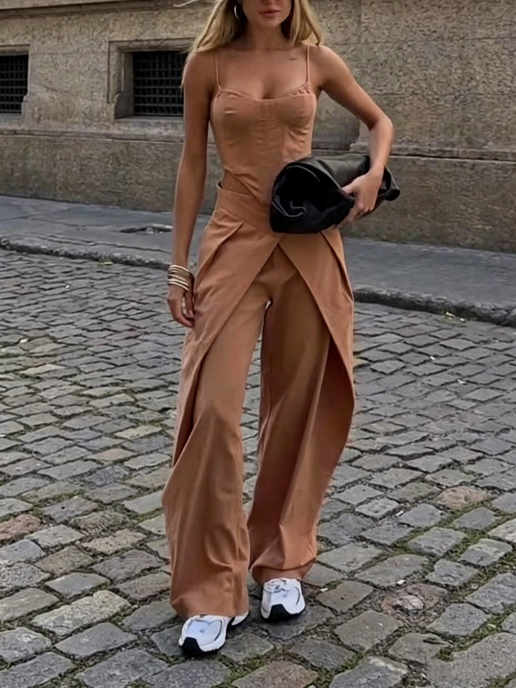 Spaghetti Strap Corset Top & Wide-Leg Pants Set – Camel, XS–2XL