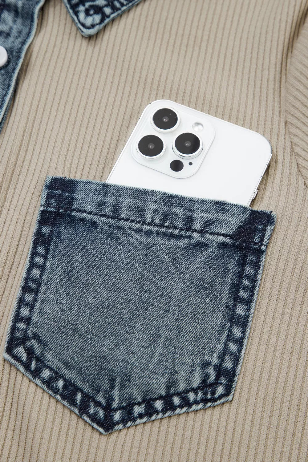 Casual Ribbed Knit Denim Trim Mini Dress