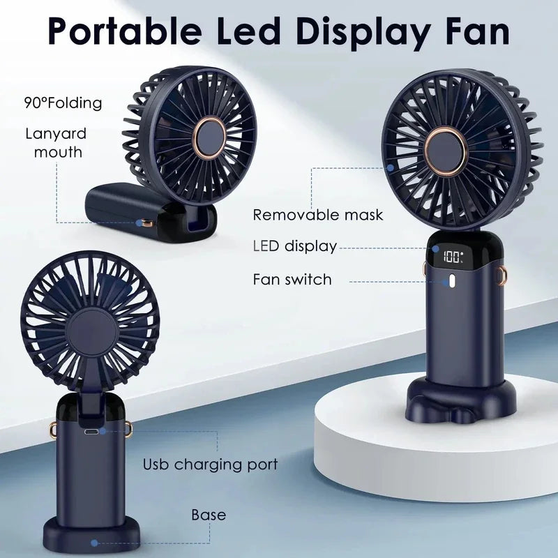 3-in-1 Mini Fan — LED Display, 5 Speeds, Neck/Desk/Handheld