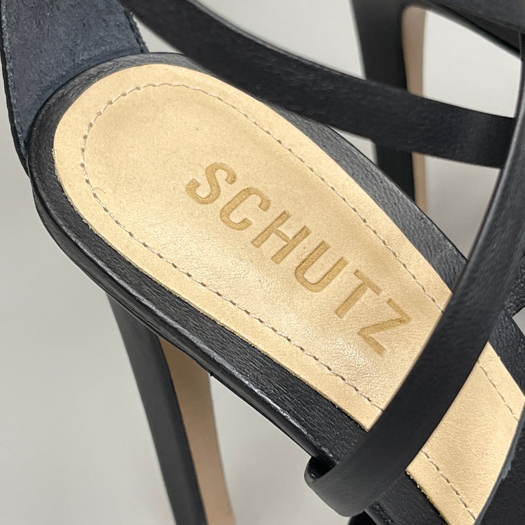 SCHUTZ Bryce Ankle Tie Women's Leather High Heel Strappy Sandal Black Sz 8B (New)
