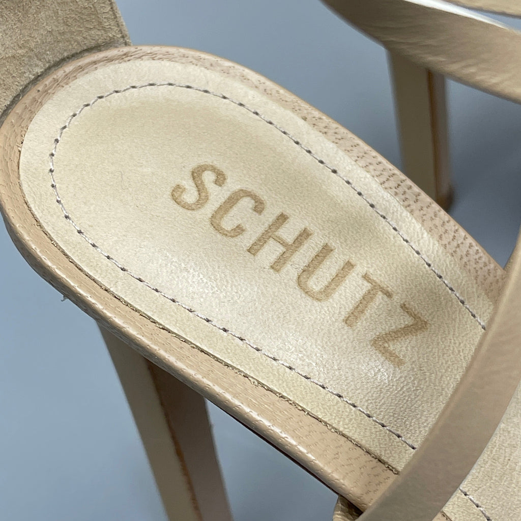 SCHUTZ Bryce Tobillera Sandalia de tacón alto de cuero para mujer Nude claro Talla 9B (Nueva)
