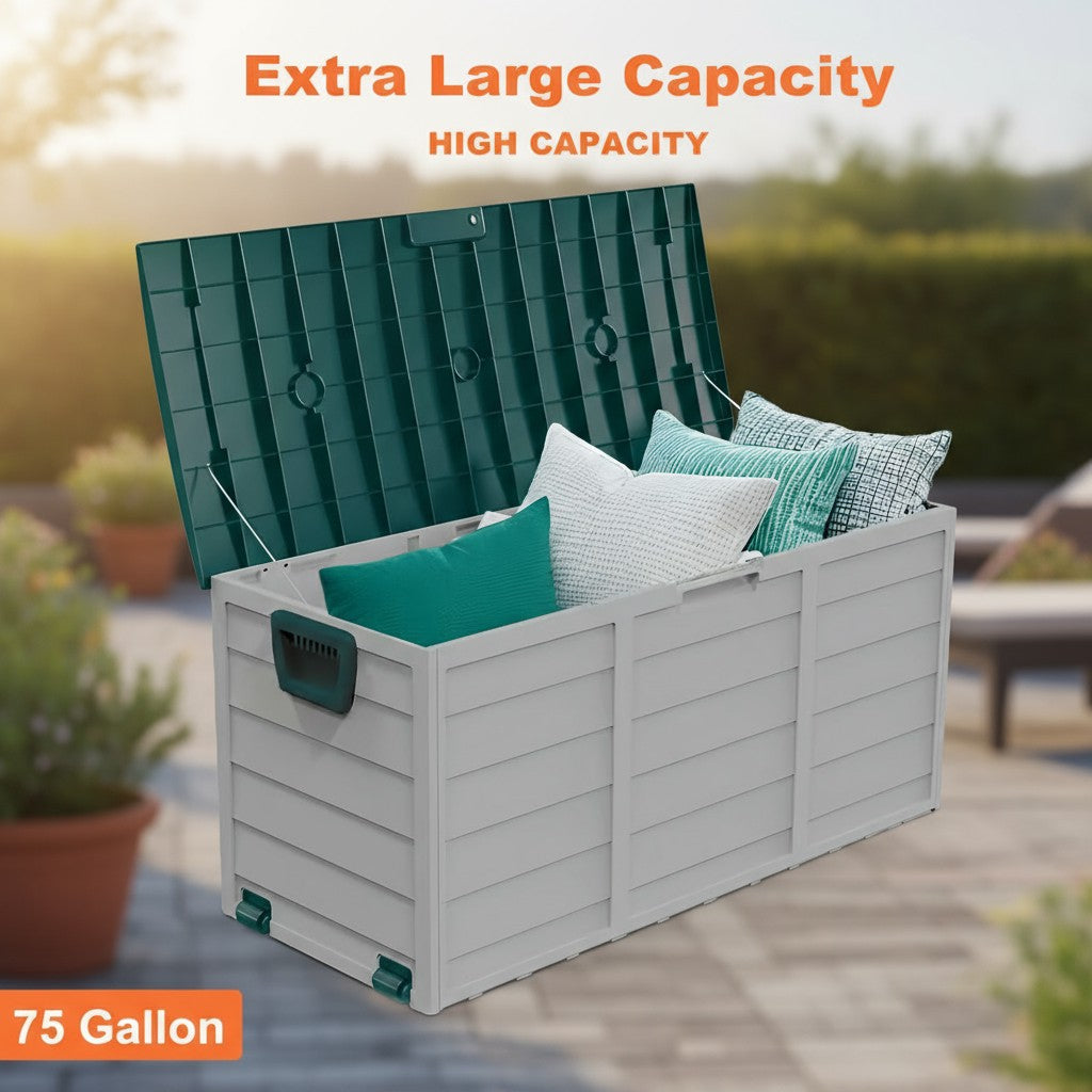 Arcón exterior de alta resistencia de 75 galones – Caja de almacenamiento para patio impermeable con tapa con bisagras, cerradura y fácil montaje