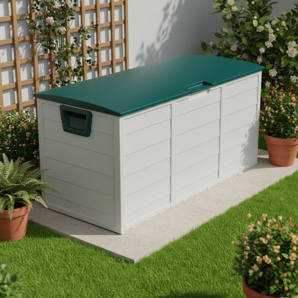 Arcón exterior de alta resistencia de 75 galones – Caja de almacenamiento para patio impermeable con tapa con bisagras, cerradura y fácil montaje