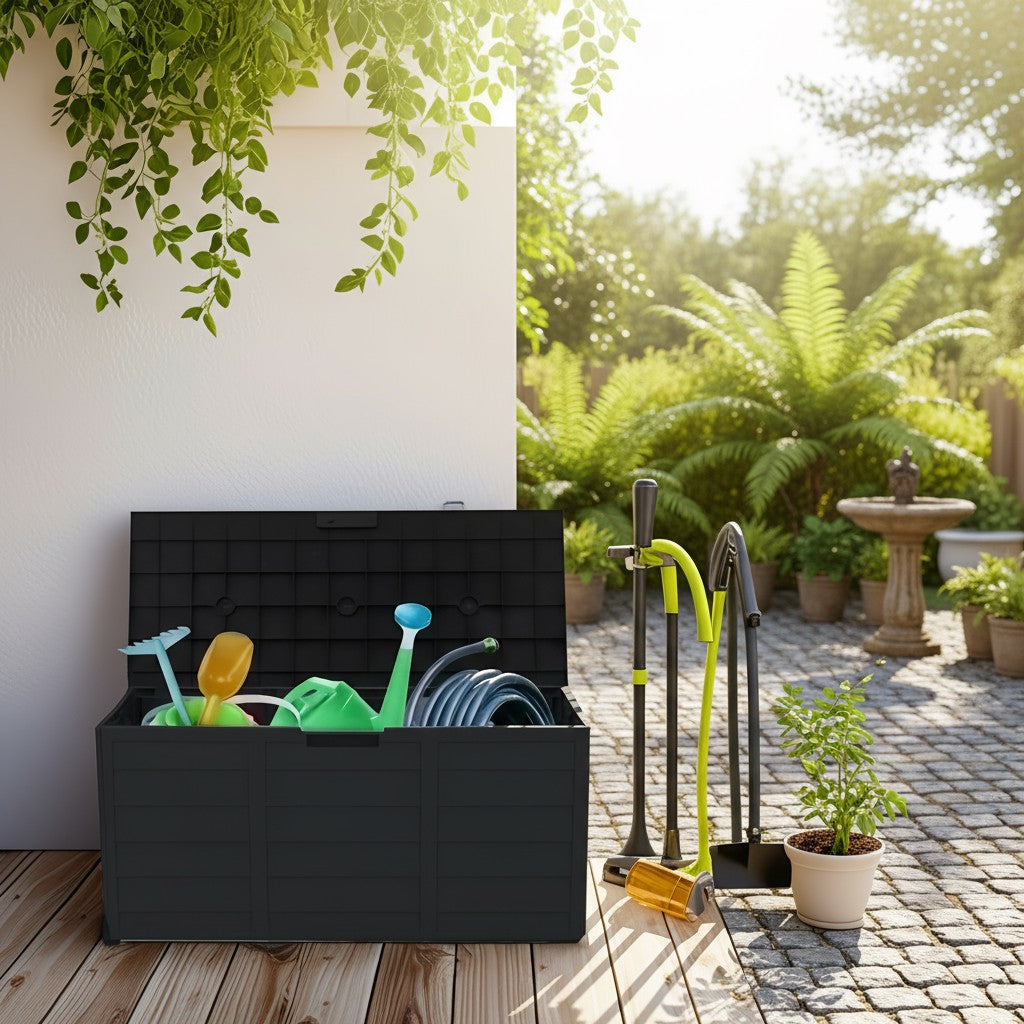 Arcón exterior de alta resistencia de 75 galones – Caja de almacenamiento para patio impermeable con tapa con bisagras, cerradura y fácil montaje