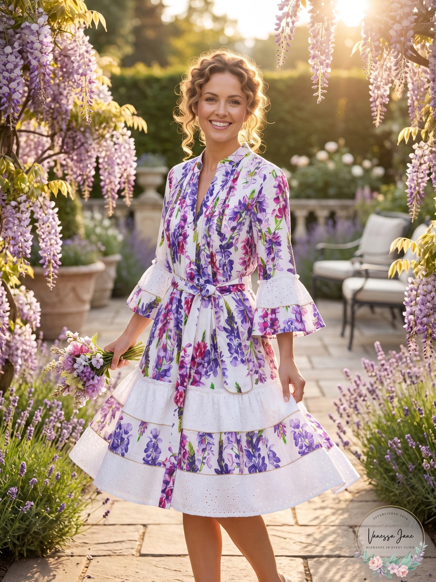 Vestido Boston Proper con estampado Wisteria Wonder y paneles calados en A, con volantes, Talla 8